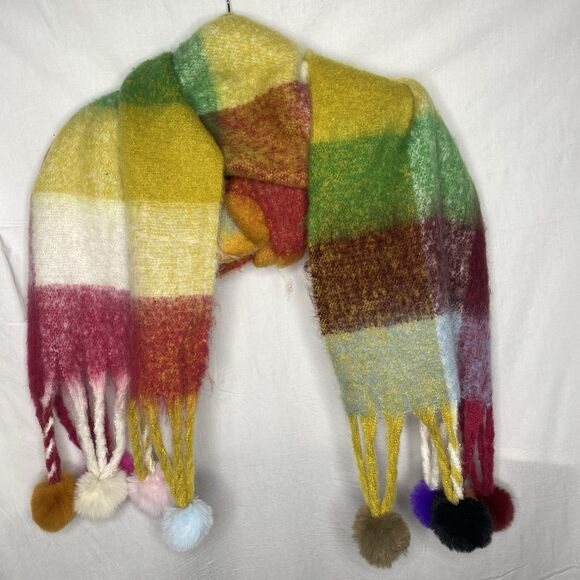 Colorful Pom-Pom Tassel Long Winter Scarf Soft Feel Women’s One Size Oversized - Picture 3 of 8